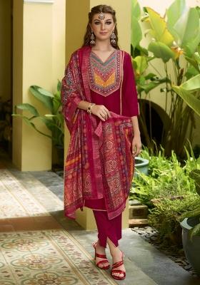 Pink Resham Embroidery Art Silk Salwar Kameez With Dupatta