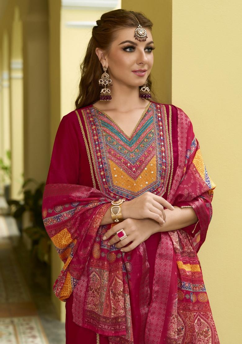 Pink Resham Embroidery Art Silk Salwar Kameez With Dupatta