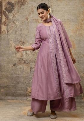 Lavender Resham Embroidery Art Silk Salwar Kameez With Dupatta