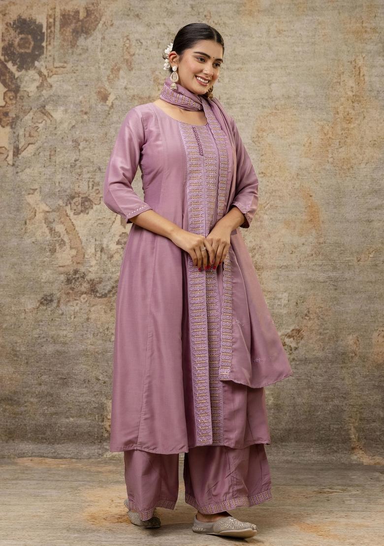 Lavender Resham Embroidery Art Silk Salwar Kameez With Dupatta