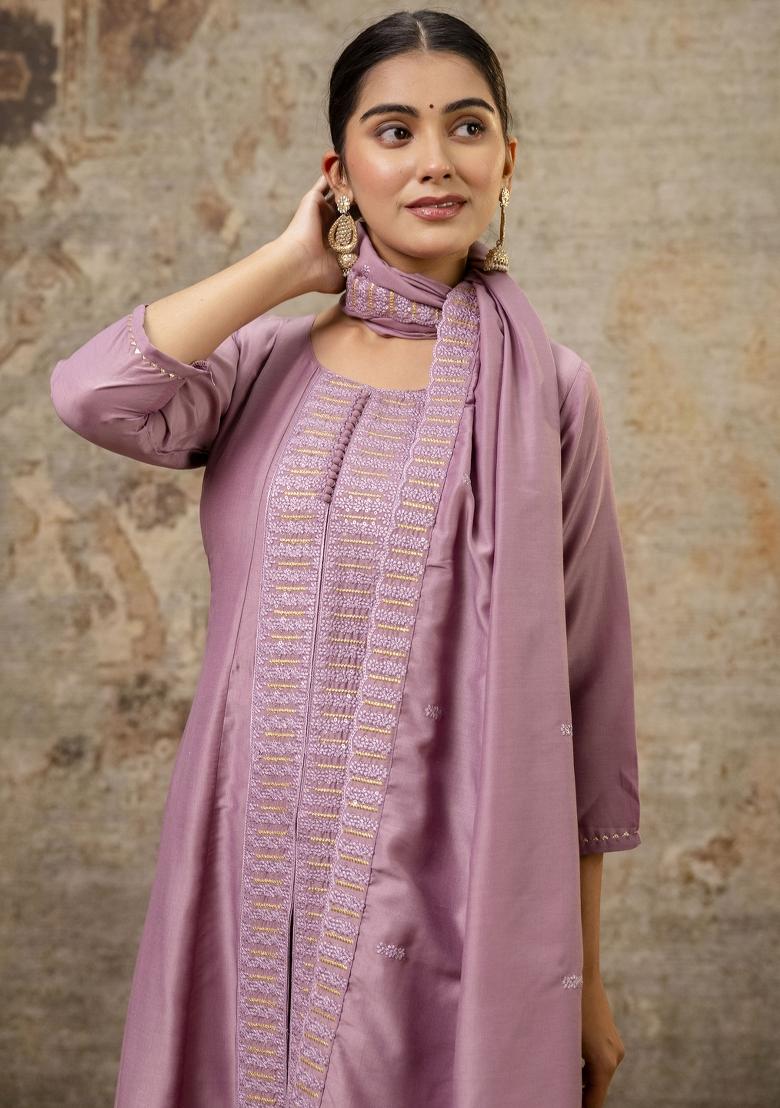 Lavender Resham Embroidery Art Silk Salwar Kameez With Dupatta