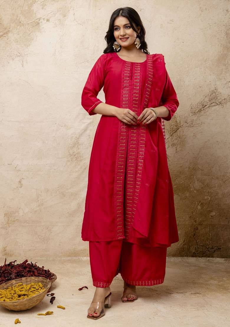 Pink Embroidered Silk Straight Kurta Set - Indya