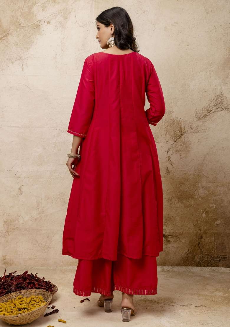 Pink Embroidered Silk Straight Kurta Set - Indya