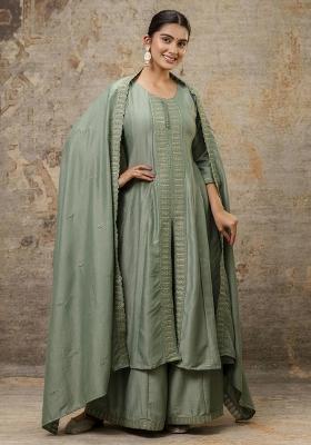 Green Resham Embroidery Art Silk Salwar Kameez With Dupatta