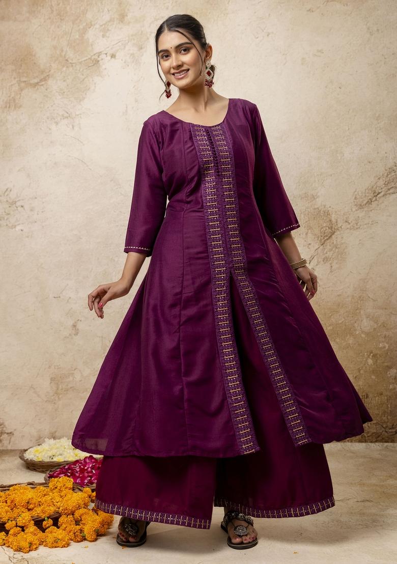 Purple Resham Embroidery Art Silk Salwar Kameez With Dupatta