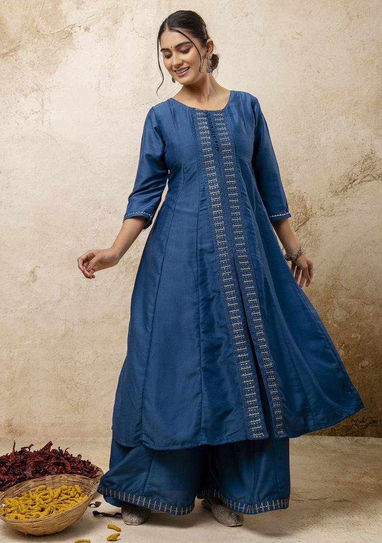 Teal Blue Resham Embroidery Art Silk Salwar Kameez With Dupatta