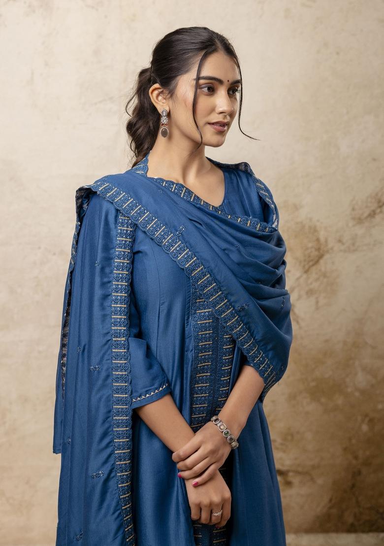 Teal Blue Resham Embroidery Art Silk Salwar Kameez With Dupatta