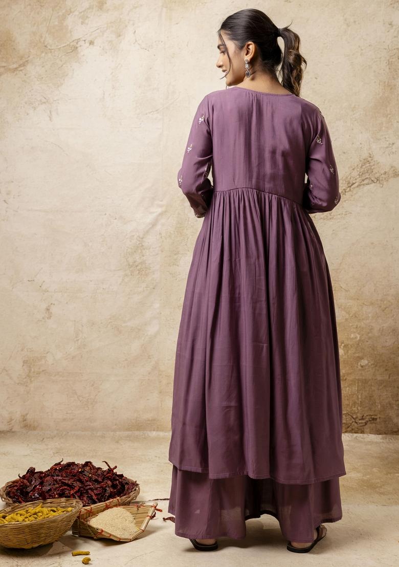 Lavender Resham Embroidery Art Silk Salwar Kameez With Dupatta