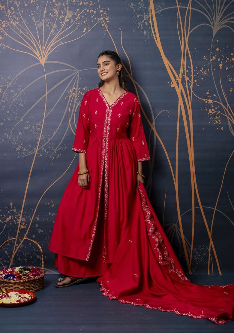 Pink Embroidered Silk Anarkali Set - Indya
