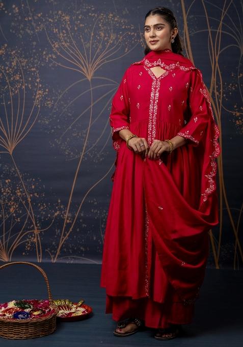 Pink Resham Embroidery Art Silk Salwar Kameez With Dupatta