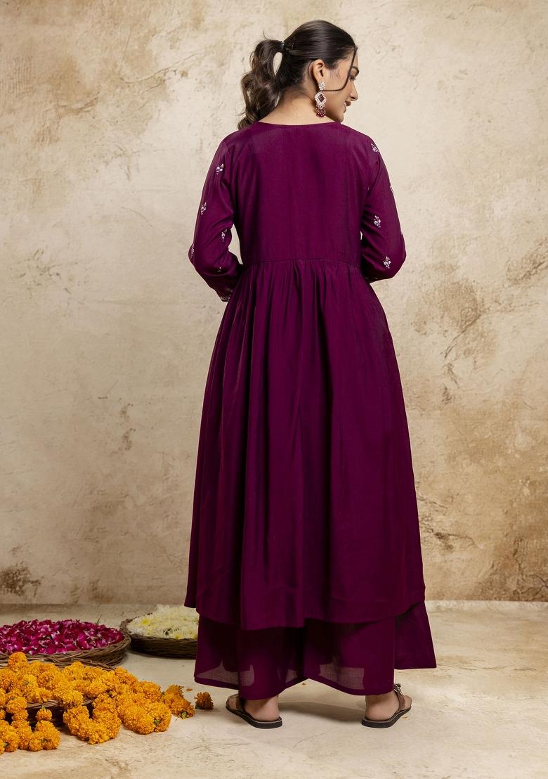 Purple Resham Embroidery Art Silk Salwar Kameez With Dupatta