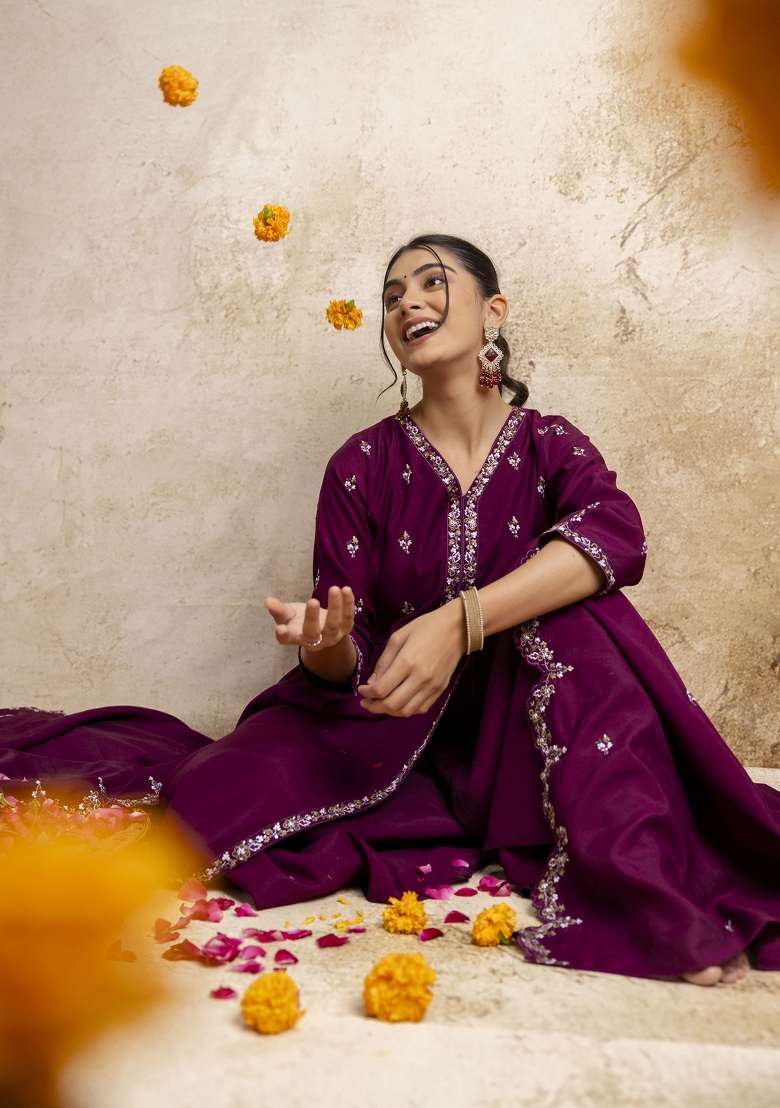 Purple Resham Embroidery Art Silk Salwar Kameez With Dupatta - Indya