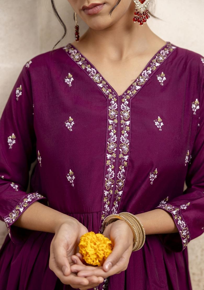 Purple Resham Embroidery Art Silk Salwar Kameez With Dupatta