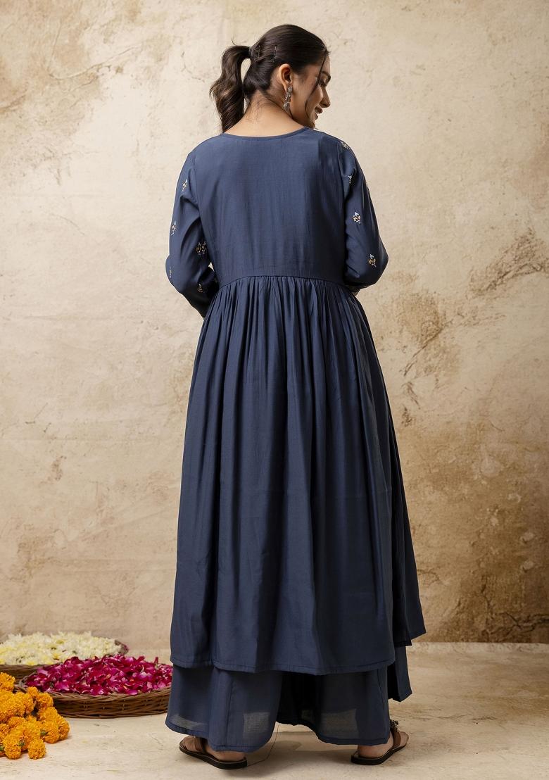 Teal Blue Resham Embroidery Art Silk Salwar Kameez With Dupatta