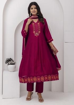 Red Resham Embroidery Art Silk Salwar Kameez With Dupatta