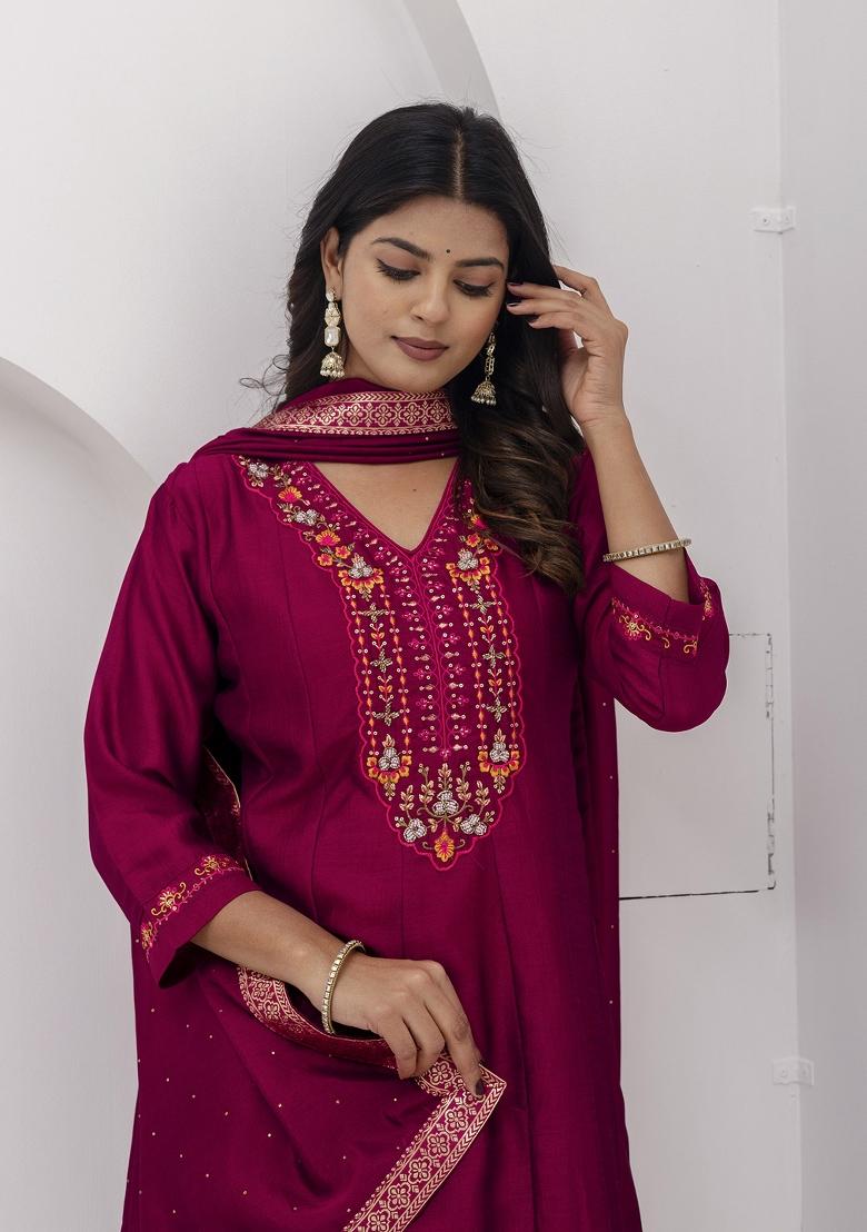 Red Resham Embroidery Art Silk Salwar Kameez With Dupatta