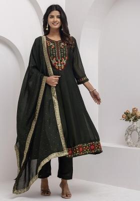 Green Resham Embroidery Art Silk Salwar Kameez With Dupatta
