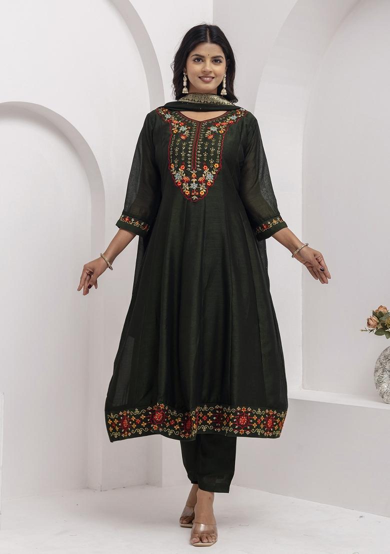 Green Resham Embroidery Art Silk Salwar Kameez With Dupatta
