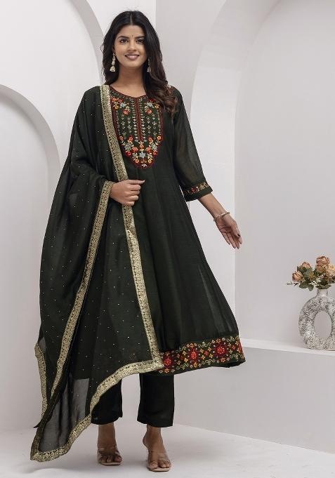 Green Resham Embroidery Art Silk Salwar Kameez With Dupatta