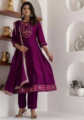 Purple Resham Embroidery Art Silk Salwar Kameez With Dupatta