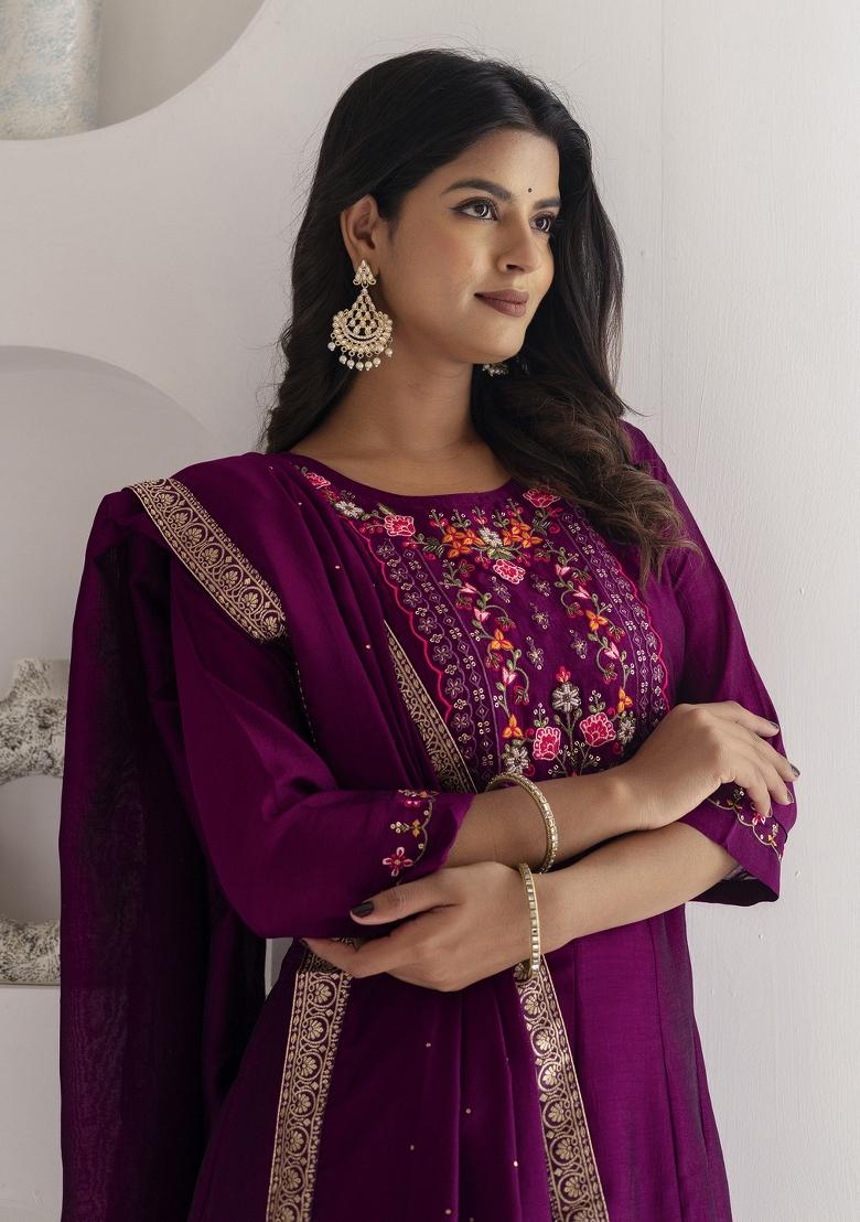 Purple Resham Embroidery Art Silk Salwar Kameez With Dupatta