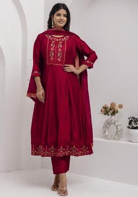 Red Resham Embroidery Art Silk Salwar Kameez With Dupatta
