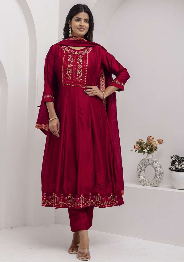 Red Embroidered Silk Anarkali Set - Indya