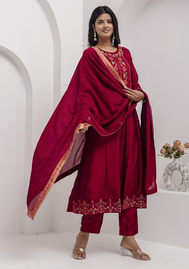 Red Resham Embroidery Art Silk Salwar Kameez With Dupatta