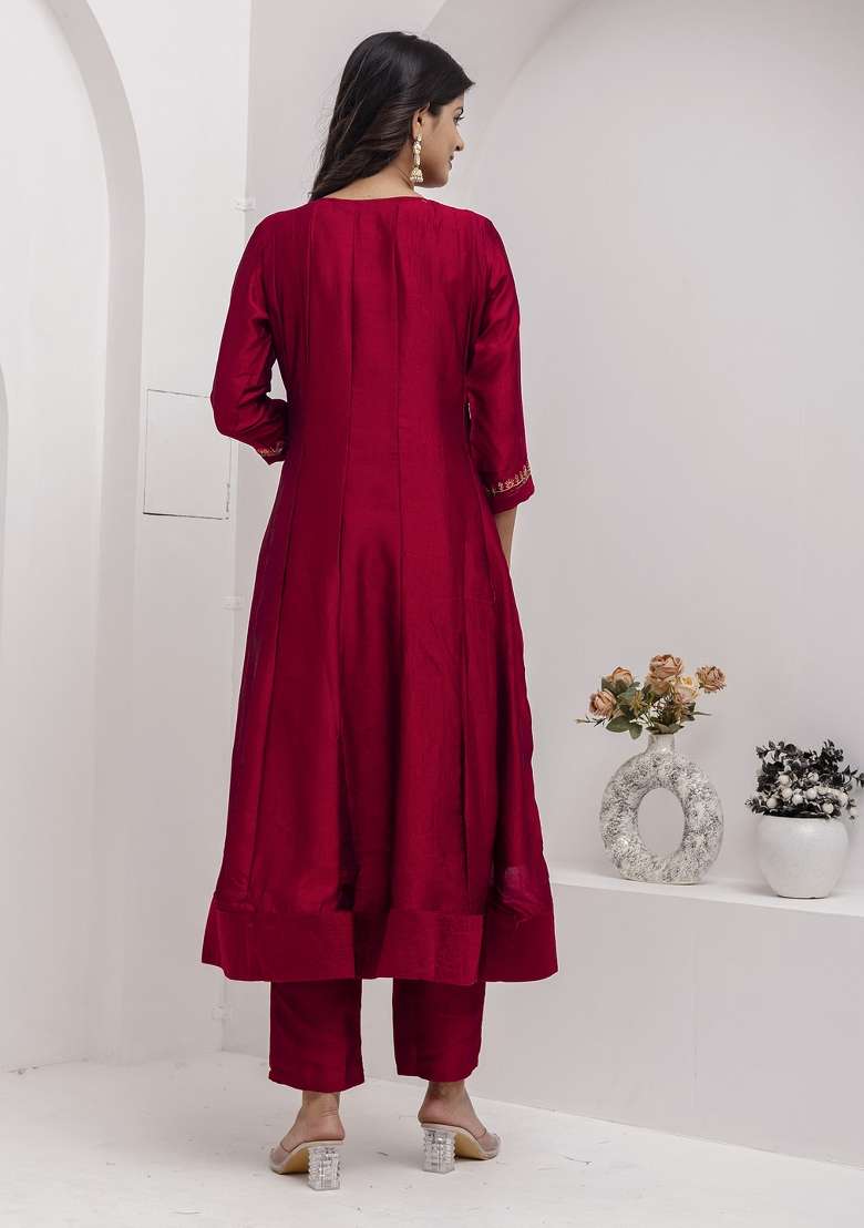Red Embroidered Silk Anarkali Set - Indya