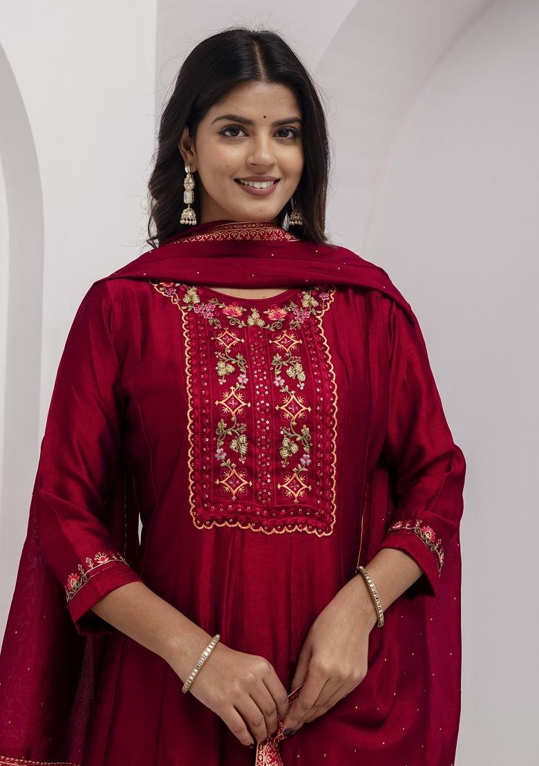Red Resham Embroidery Art Silk Salwar Kameez With Dupatta