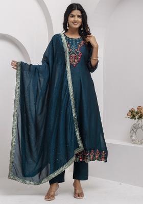 Teal Blue Resham Embroidery Art Silk Salwar Kameez With Dupatta