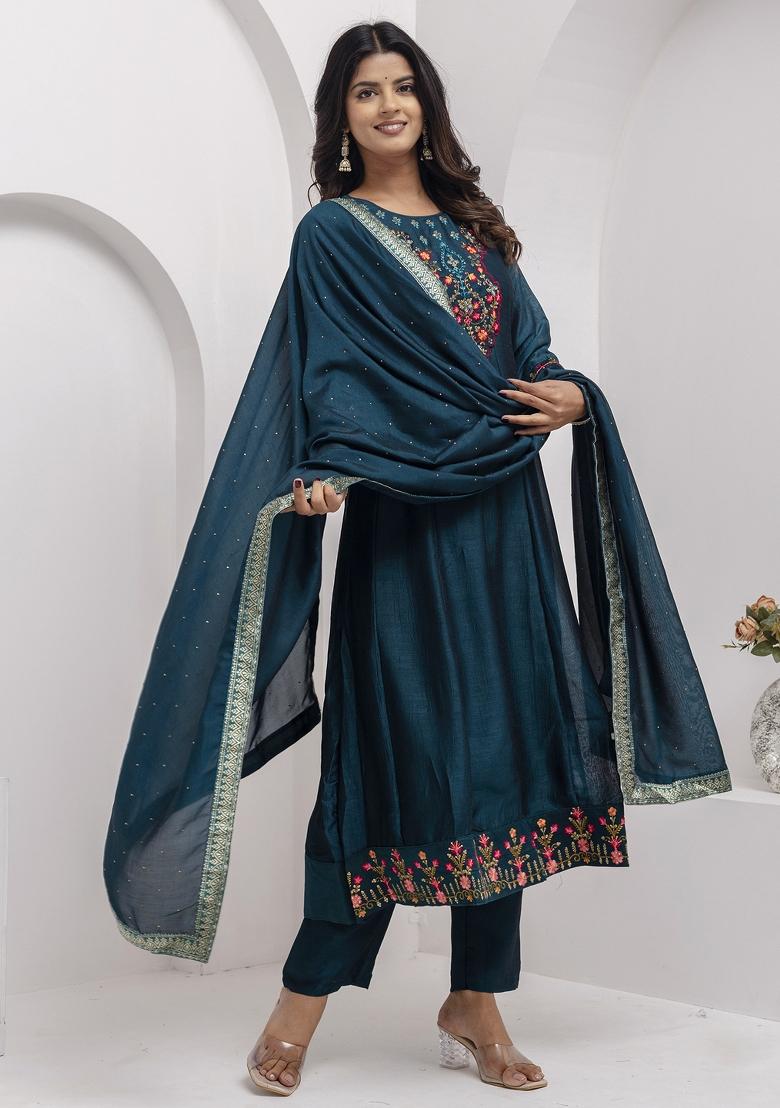 Teal Blue Resham Embroidery Art Silk Salwar Kameez With Dupatta