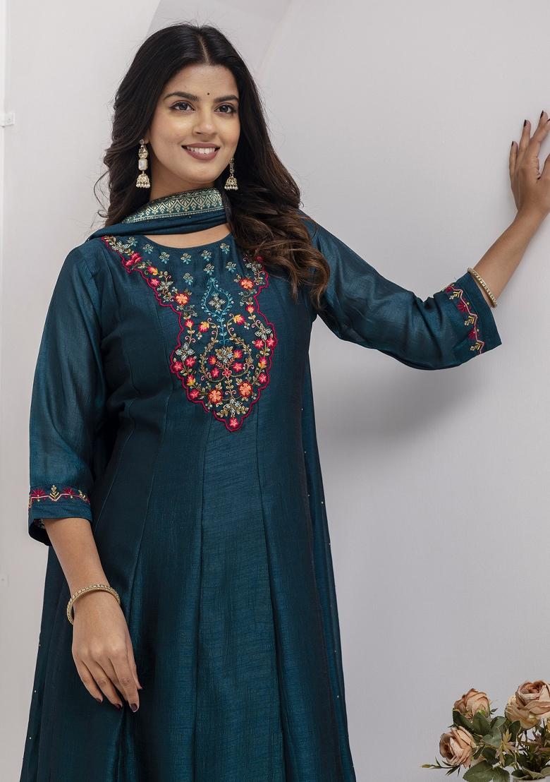 Teal Blue Resham Embroidery Art Silk Salwar Kameez With Dupatta