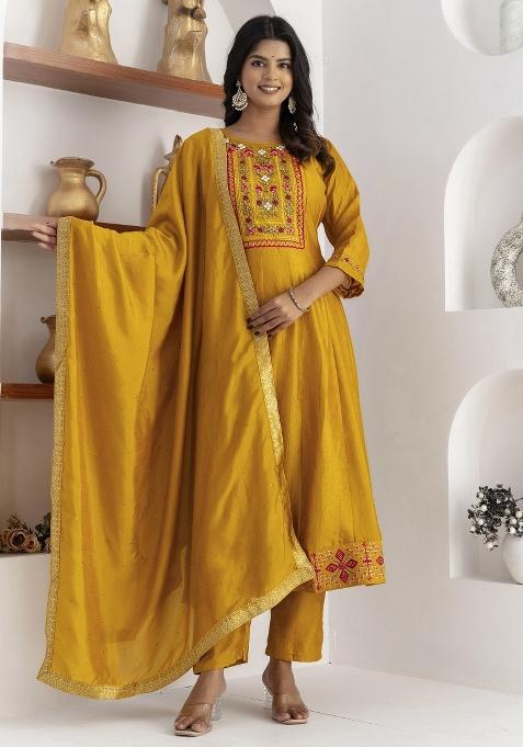 Yellow Resham Embroidery Art Silk Salwar Kameez With Dupatta