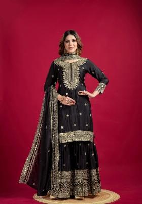 Black Zari Work Art Silk Sharara Set With Dupatta