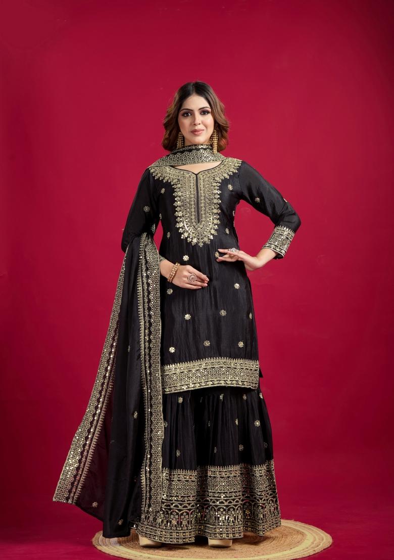 Black Zari Work Art Silk Sharara Set With Dupatta