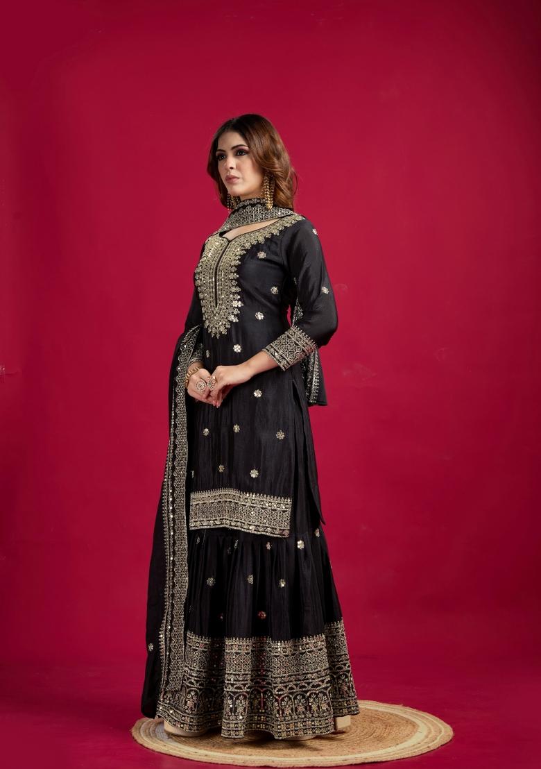 Black Zari Work Art Silk Sharara Set