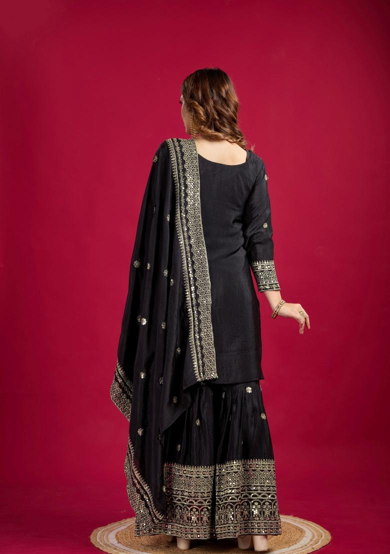 Black Zari Work Art Silk Sharara Set With Dupatta