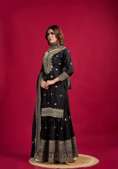 Black Zari Work Art Silk Sharara Set With Dupatta
