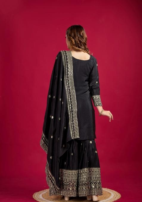 Black Zari Work Art Silk Sharara Set With Dupatta