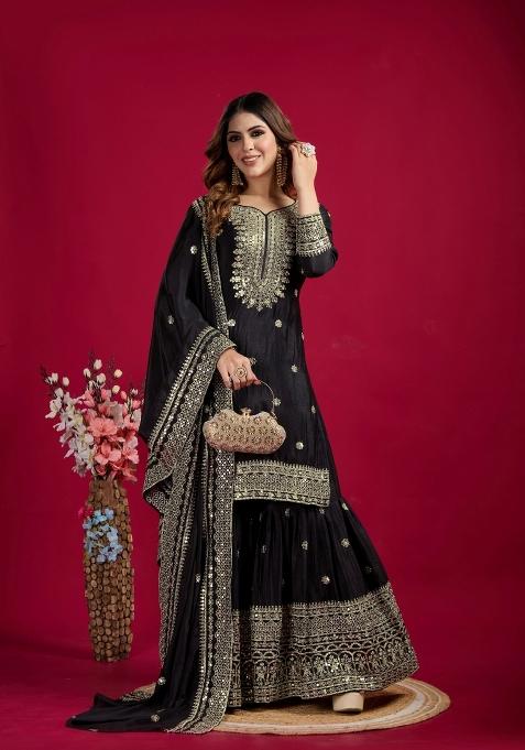 Black Zari Work Art Silk Sharara Set With Dupatta