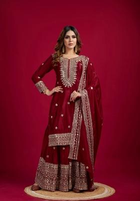 Maroon Zari Work Art Silk Sharara Set With Dupatta