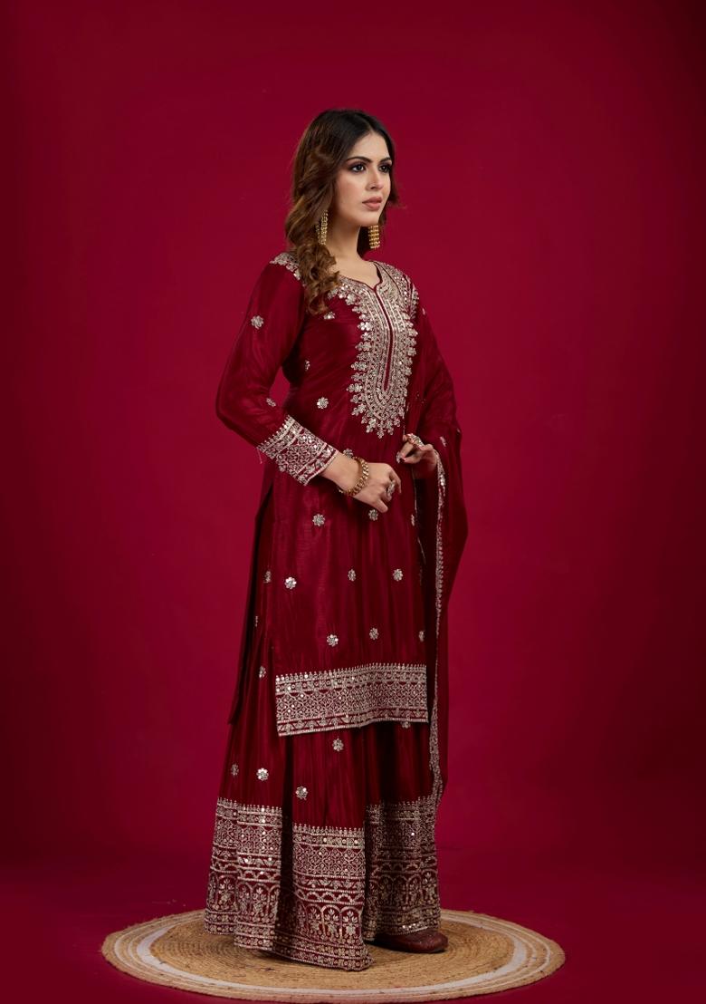 Maroon Zari Work Art Silk Sharara Set With Dupatta
