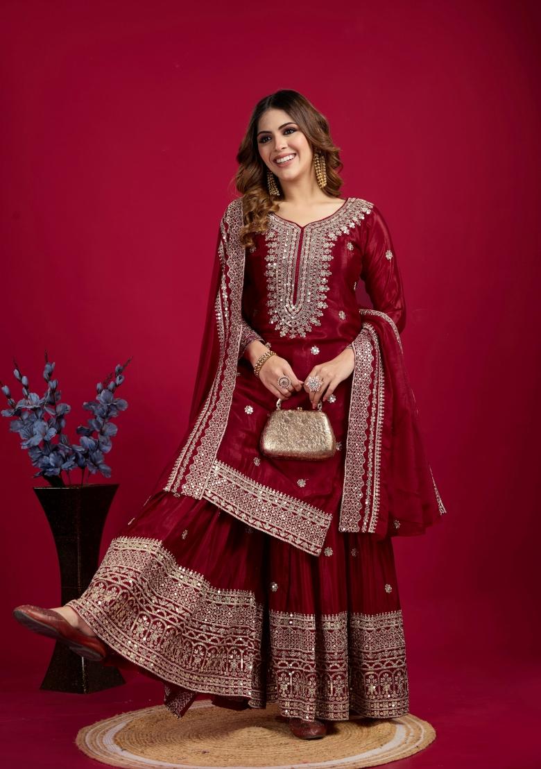 Maroon Zari Work Art Silk Sharara Set With Dupatta
