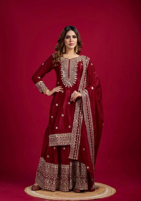 Maroon Zari Work Art Silk Sharara Set With Dupatta
