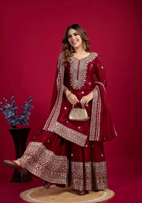 Maroon Zari Work Art Silk Sharara Set With Dupatta