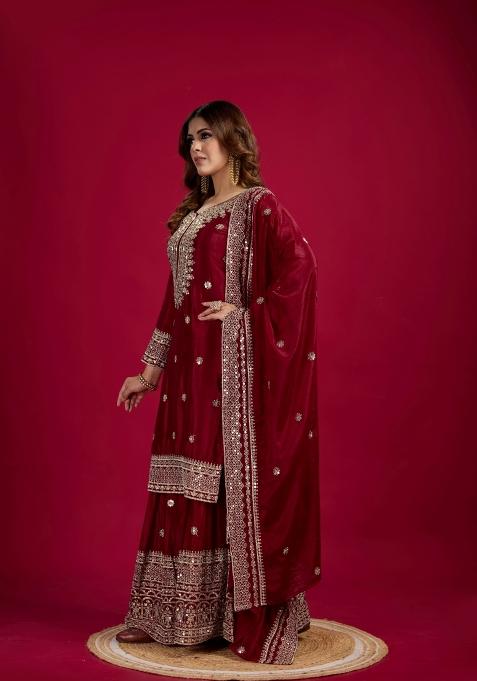 Maroon Zari Work Art Silk Sharara Set With Dupatta