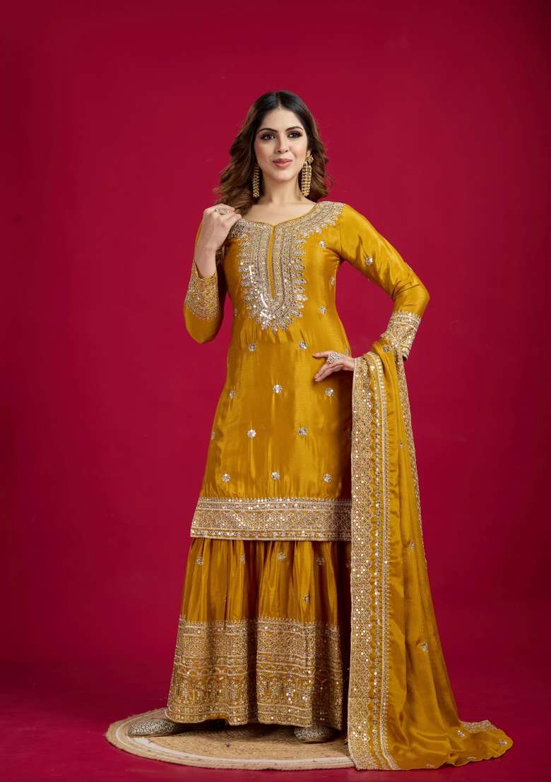 Mustard Yellow Embroidered Silk Sharara Set - Indya