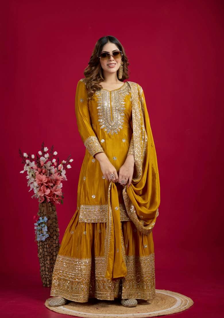 Mustard Yellow Embroidered Silk Sharara Set - Indya