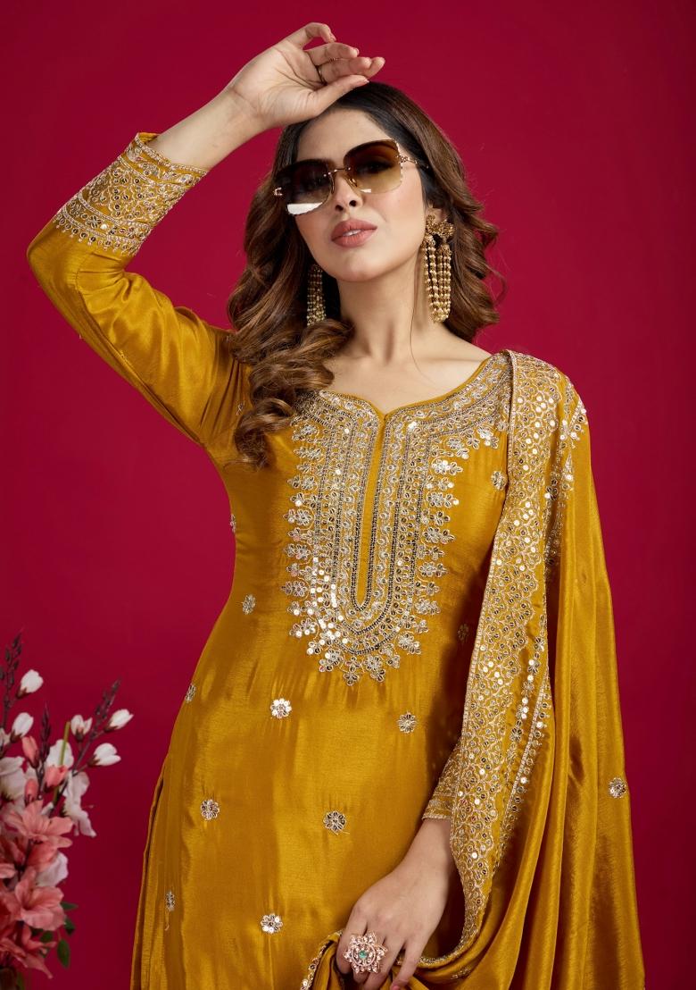 Mustard Yellow Zari Work Art Silk Sharara Set With Dupatta